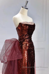 Wine Red Sequins Long Party Dress With Tulle, Wine Red Long Formal Dress Semi Formal Prom Dress